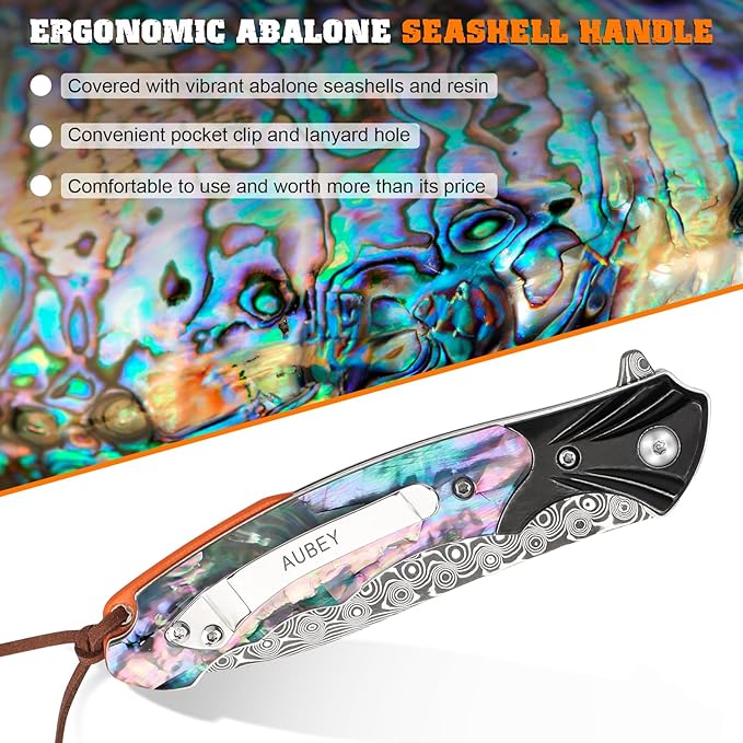 AUBEY Damascus Pocket Knife for Women Men 3.43 VG10 Damascus Steel Blade Knife with Clip EDC Folding Knives with Abalone Shell Handle Gift for Camping Outdoor Hunting Hiking Collection