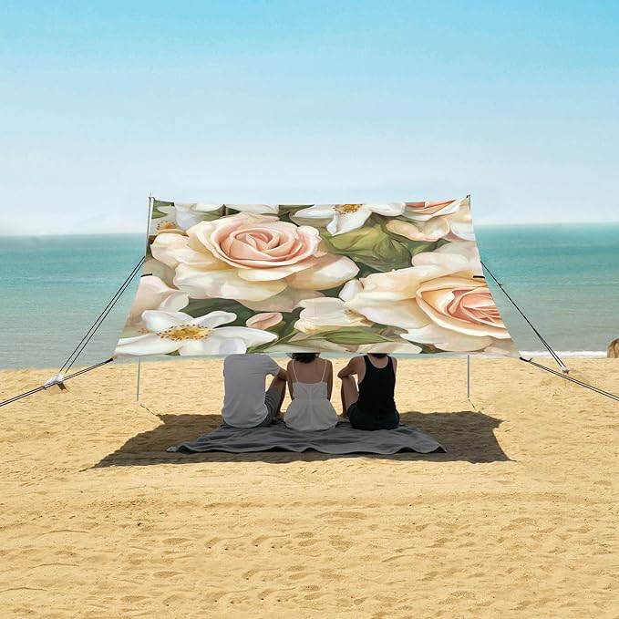 ALAZA Roses and White Flower Beach Tent Sun Shelter Portable Canopy Sunshade for Outdoor Camping Picnics Backyard Fun 10x9 ft