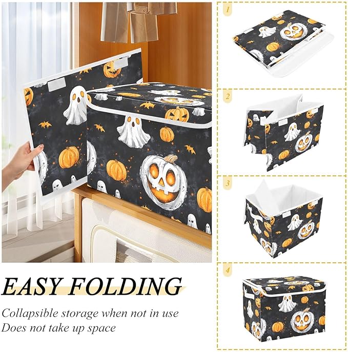 AIXIWAWA Lidded Storage Cube (Pumpkin Halloween Pattern) Fabric Foldable Closet Bins with Flip Lid and Handles Organizer Basket Container 16.5 x 12.6 x 11.8 IN