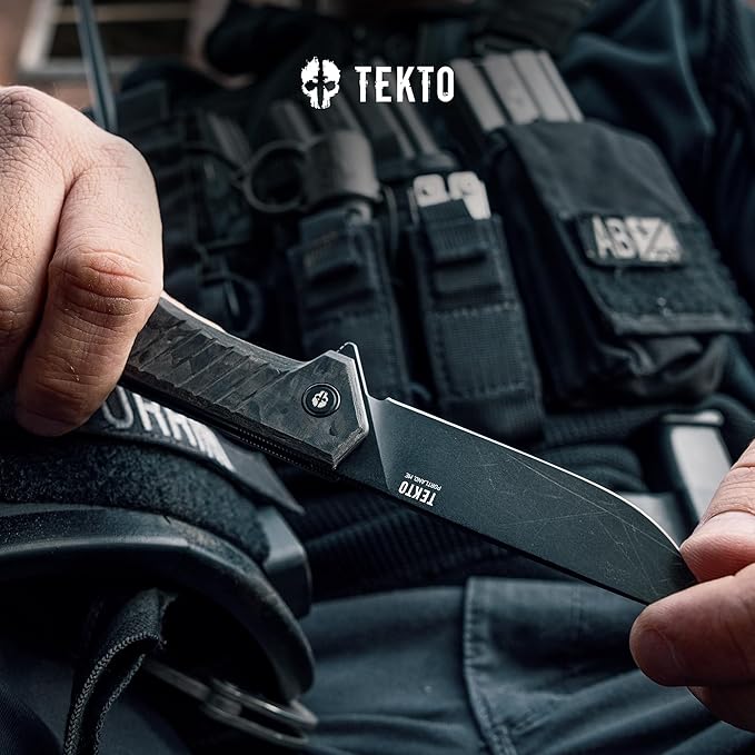 TEKTO KNIVES F1 Alpha Folding Pocket Knife - Modified Straight Back Blade Titanium Coated D2 Steel Ideal for Outdoor Camping &amp BackpackingTactical Forged Carbon Fiber Handle Blue Titanium Acce