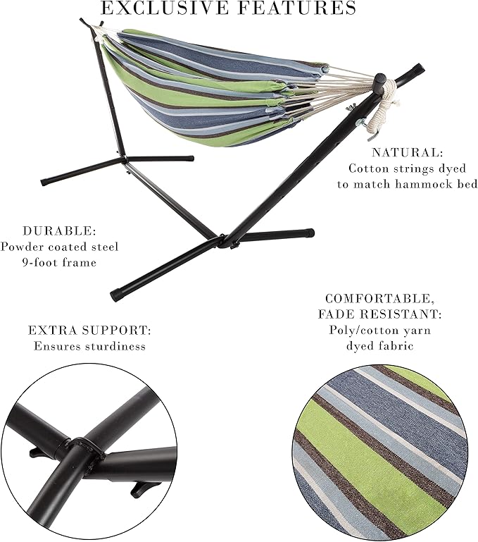 Double Brazilian Hammock with Stand Included – Woven Cotton 2-Person Outdoor Swing with Frame for Camping Backyard or Patio by Pure Garden