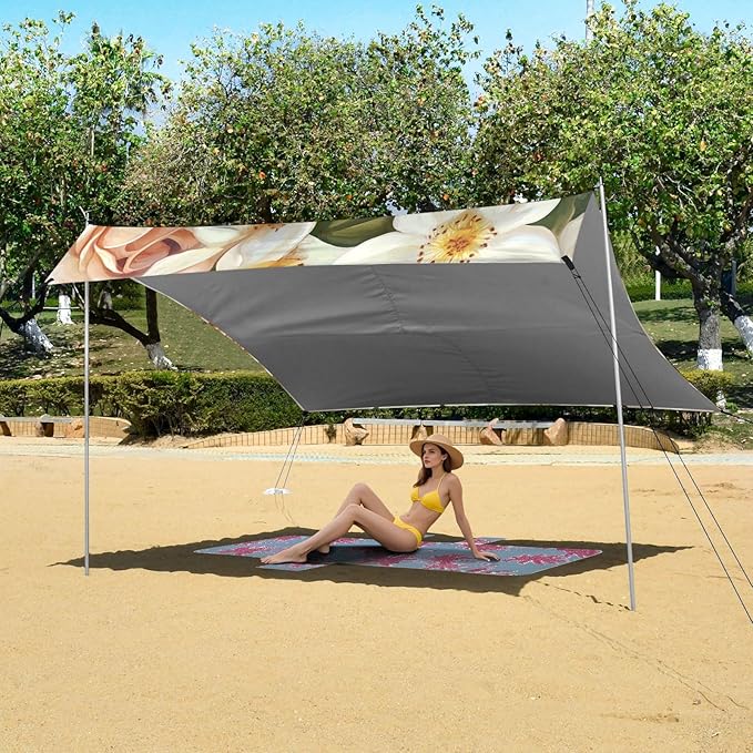 ALAZA Roses and White Flower Beach Tent Sun Shelter Portable Canopy Sunshade for Outdoor Camping Picnics Backyard Fun 10x9 ft