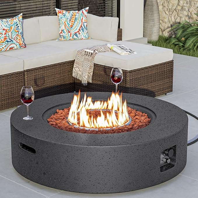 COSIEST 42 inch Outdoor Propane Fire Pit Coffee Table w Concrete Round Base Patio Heater 50000 BTU Stainless Steel Burner Free Lava Rocks Rain Cover Gray