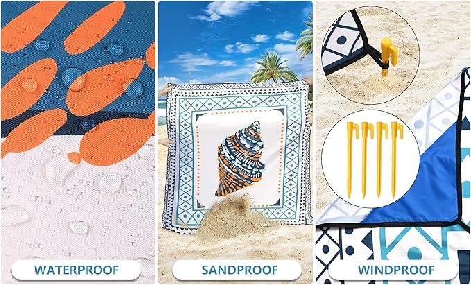 Beach Blanket Waterproof Sandproof Beach Mat 79 X 83/10'x9'for 2-8 Adults Quick Drying Outdoor Picnic Mat Beach Accessories for Travel Camping Hiking