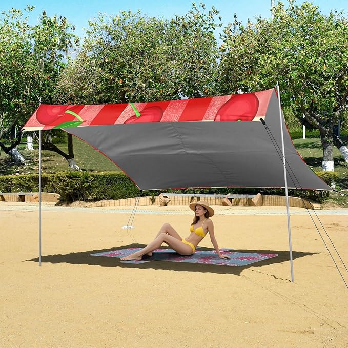 xigua Cherry Beach Tent Sun Shelter with Carrying Bag - Silver Coated Oxford Fabric Beach Canopy for Beach Camping Fishing - Includes Windproof Ropes Sandbags &amp Stakes