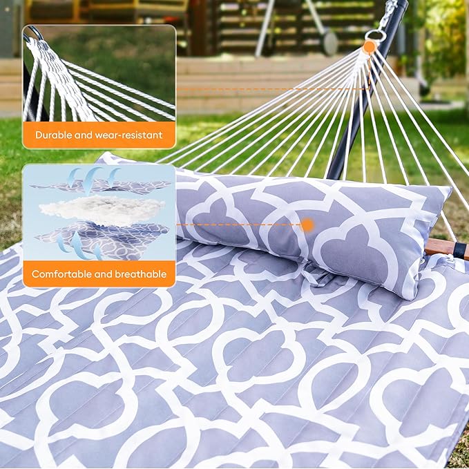 Everyfun Double Hammock with Spreader BarSoft PillowMax Load 500lbsPortable Hammock for OutdoorCampingand BackyardWhite Gray