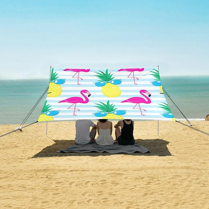 xigua Flamingos Beach Tent Sun Shelter with Carrying Bag - Silver Coated Oxford Fabric Beach Canopy for Beach Camping Fishing - Includes Windproof Ropes Sandbags &amp Stakes
