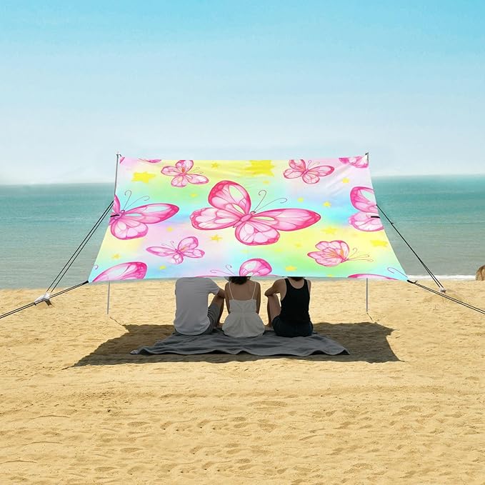 xigua Butterflies Beach Tent Sun Shelter with Carrying Bag - Silver Coated Oxford Fabric Beach Canopy for Beach Camping Fishing - Includes Windproof Ropes Sandbags &amp Stakes