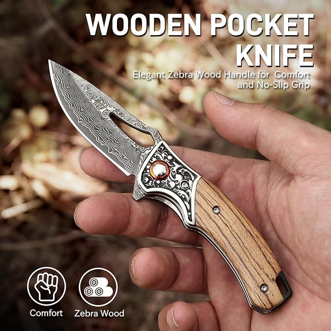 Damascus Pocket Knife with Wooden Handle Sharp 3.54 Damascus Steel Blade Folding Knives for EDC Outdoor Camping Hiking Collection