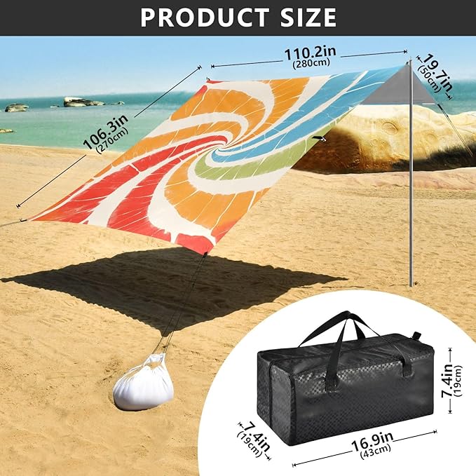 Indianred Tie-dye Background Vibrant Colors and Swirling Patterns Tie-dye Pattern Beach Tent UPF50 Lightweight Shade Sun Shelter with Sturdy Poles Sandbags and Shovel for Camping Trips