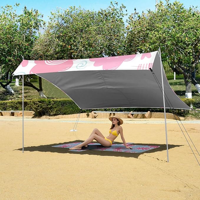 Beach Canopy with Windproof Ropes &amp Sandbags Beach Tent Sun Shade Sun Shelter for Camping Trips Fishing Backyard Fun or Picnics Cloud