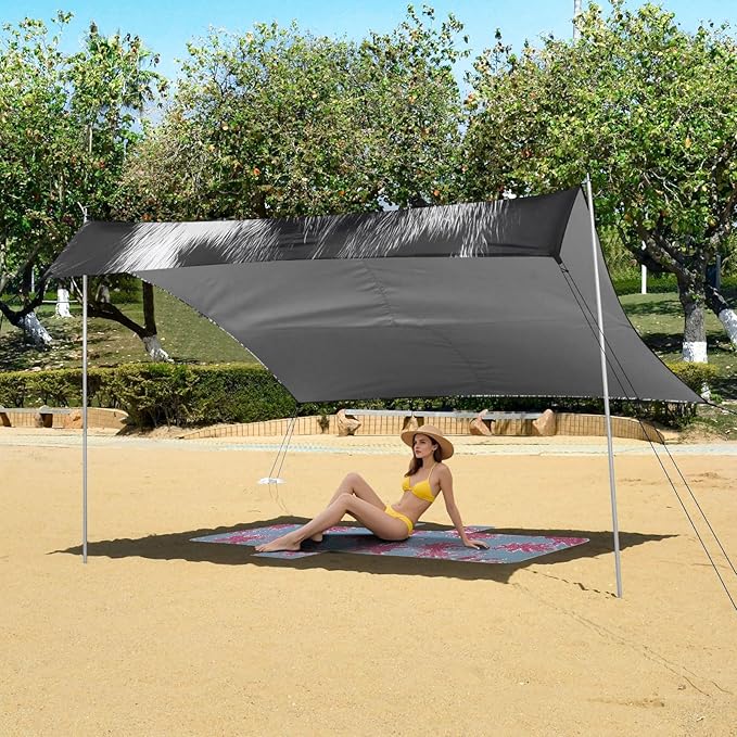 Tiger Grey Beach Tent Sun Shelter Set UPF50+ UV Protection 10.5 x 9.19 FT Camping Shade Canopy with Sandbags Sand Anchors Carrying Bag and Others