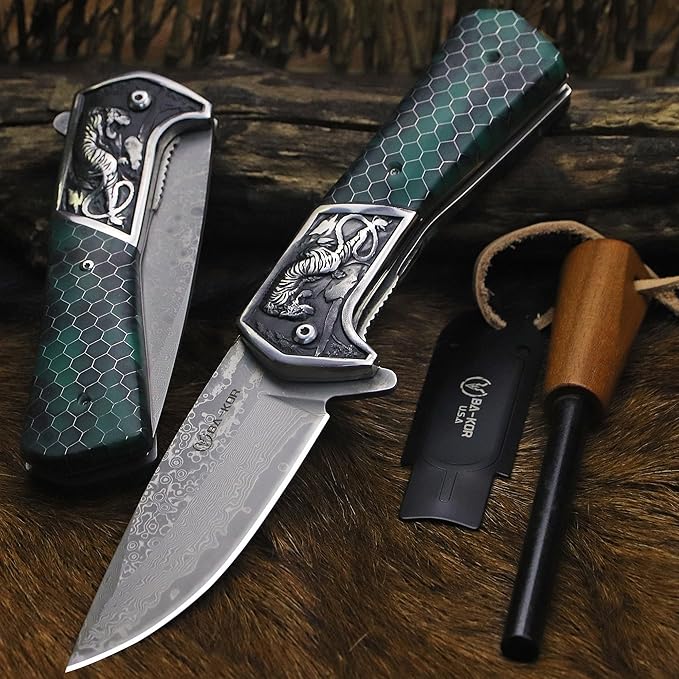 BA-KOR B21A Devil Tiger (XL) 248mm Damascus pocket knife featuring stainless steel and resin aluminum honeycomb-pattern handle &amp(5.9IN) cerium igniter suitable for both men and women as a campin