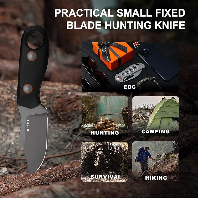 Kizer Beaver 2 Fixed Blade Knife 2.75 D2 Clip Point Blade EDC Hunting Knife with Black G10 Handle Outdoor Camping Survival Knives with Kydex Sheath Small Neck Knives for Men Women 1078A3
