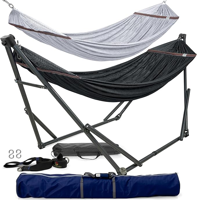 Tranquillo Combo x2 Hammocks with Stand for Outside &amp Tree Straps Heavy Duty Hammock with Stand 600lbs for Indoor Outdoor Patio Backyard x2 Hammocks for 2 Person (Combo - Black Medium)