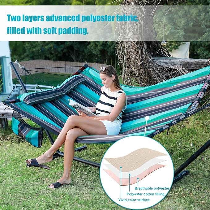 TegerDeger 12FT 2 Person Hammock Large Hammock 450LB Capacity with V Shaped Hardwood Spreader Bar &amp Nylon Rope for Outside Patio Garden Backyard Beach Poolside - Teal Stripes