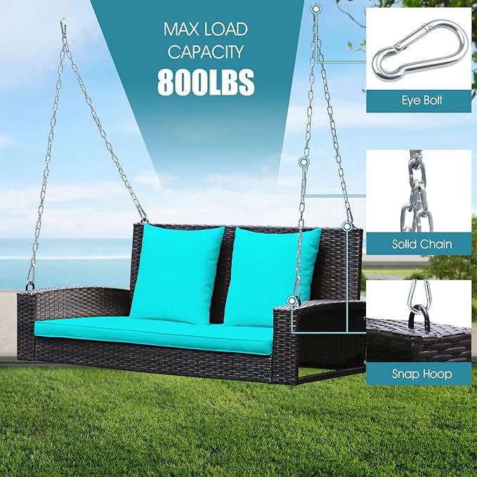 Tangkula 2-Person Wicker Hanging Porch Swing Patiojoy Outdoor Rattan Swing Bench W/ 2 Back Cushions &amp 1 Seat Cushion Sturdy Steel Chain 800lbs Weight Capacity Suitable for Deck Backyard Gard