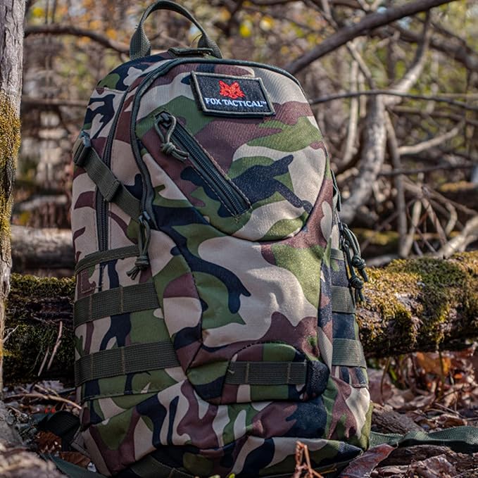FOX OUTDOOR PRODUCTS Scout MOLLE Day Pack | Compact 20L Tactical Backpack with Hydration Sleeve for EDC Hiking &amp Outdoor Use Woodland Camo