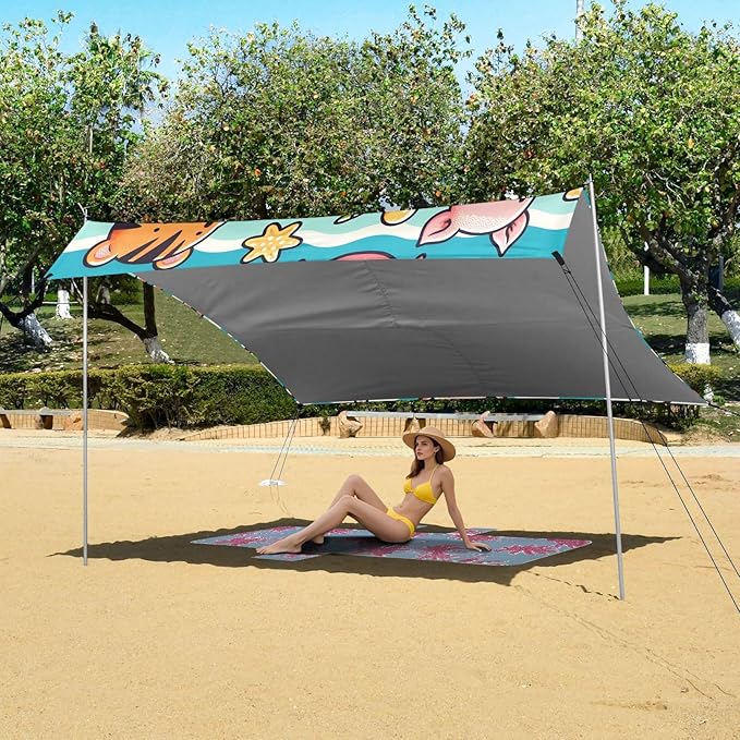 ALAZA Cute Pig Crocodile Tiger Beach Tent Sun Shelter UPF50+ Protection Beach Shade Canopy w/ 4 Sandbags for Outdoor Camping Fishing Backyard Fun Picnic 10x9 ft