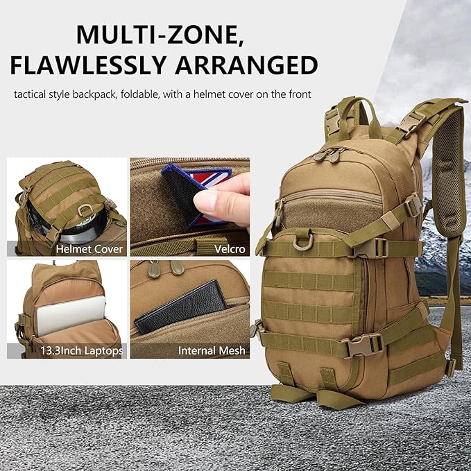 25L Small Tactical Backpack For Men Military Waterproof Backpack With Multiple Pockets 3-Day Bug Out Bag Molle Military Backpacks For Camping Hiking Traveling (Khaki)