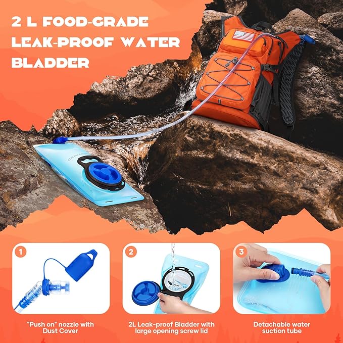 Maelstrom Hydration Hiking Backpack with 2L/3L Water Bladder High Flow Bite Valve Water Backpack Men Women Lightweight Insulation for Hiking Cycling Running Climbing Camping