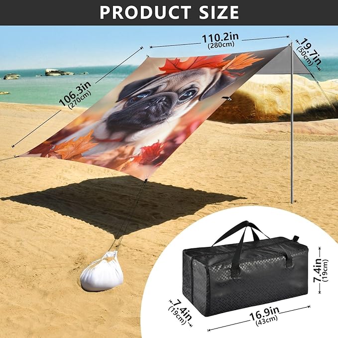ALAZA Pug Puppy Dog Maple Leaves Beach Tent Sun Shelter Portable Canopy Sunshade for Outdoor Camping Picnics Backyard Fun 10x9 ft