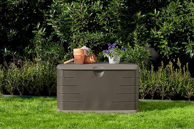 Rubbermaid Medium Resin Outdoor Storage Deck Box (73 Gal) Weather Resistant Brown Deck Organization for Home/Backyard/Pool Chemicals/Toys/Garden Tools/Porch/Patio Cushions