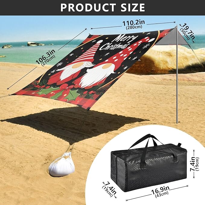 ALAZA Christmas Gnomes Beach Tent Sun Shelter Portable Canopy Sunshade for Outdoor Camping Picnics Backyard Fun 10x9 ft
