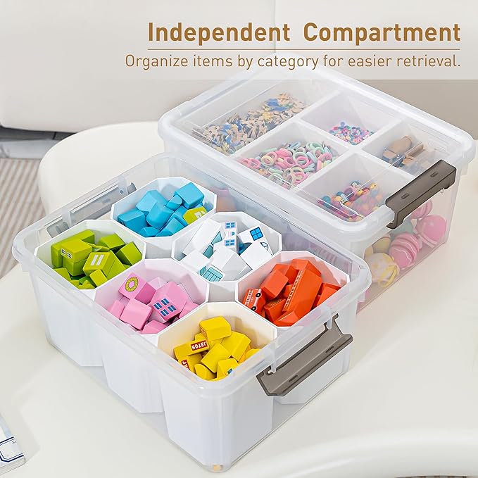 Citylife 17 QT Plastic Storage Box with Removable Tray and 6 Detachable Tall Inserts Craft Organizers and Storage Clear Storage Container for Organizing Crayon Craft Sewing Playdoh 4 Packs