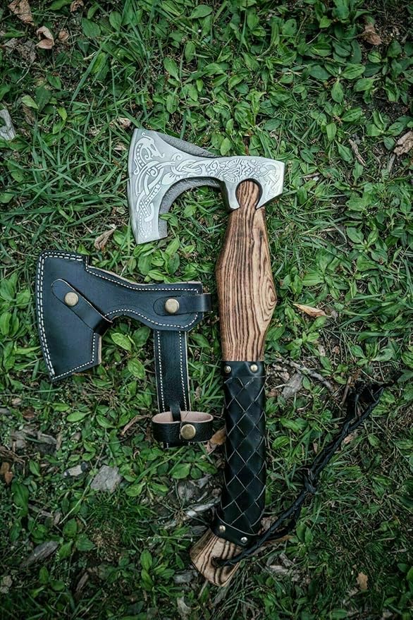 Hand-Forged Viking Axe with Carbon Steel Blade – Ash Wood Handle – Norse Inspired Battle Hatchet for Camping Throwing Collecting or Unique Gifting – Handmade Craftsmanship.