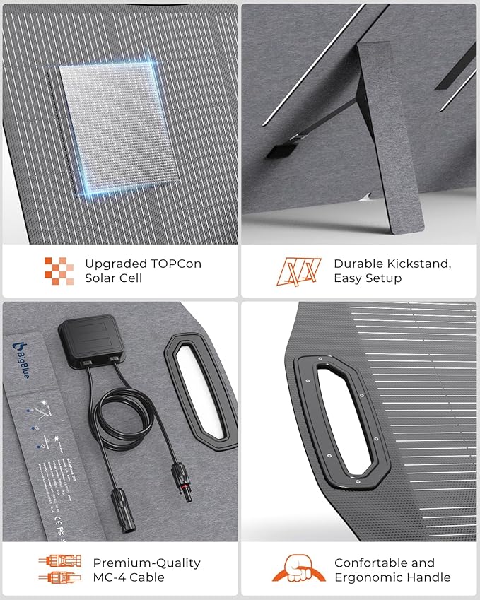 200W Solar Panel BigBlue SolarPowa 200 Solar Panel Charger with Kickstand for Camping IP68 Waterproof Portable and Lightweight 25% Solar Efficiency DC5521/8020/7909/ XT60 Plug for Power Station