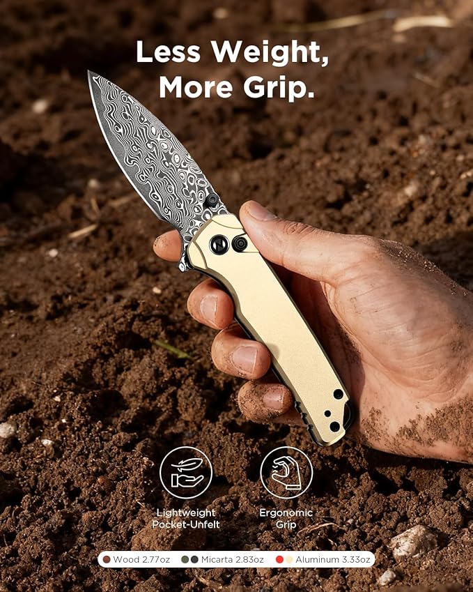Folding Pocket Knife for EDC Small Pocket Knives for Men Women 2.99 Damascus Steel Blade Aluminum Handle with Clip for Camping Hiking Outdoor Survival Mini 3080AB (Beige)