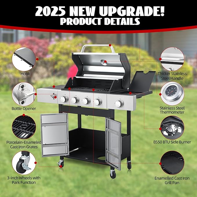 4-Burner Propane Gas Grill with Side Burner 46000 BTU Outdoor BBQ Grill with Porcelain-Enameled Cast Iron Grates and Griddle Pan Built-in Thermometer Stainless Steel Grill for Outdoor Cooking