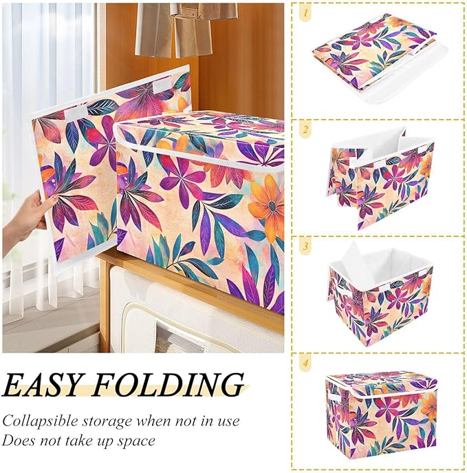 Storage Cube with Lid Pattern Floral Print 16.5×12.6×11.8 IN Collapsible Large Capacity Foldable Storage Basket Bin Organizer