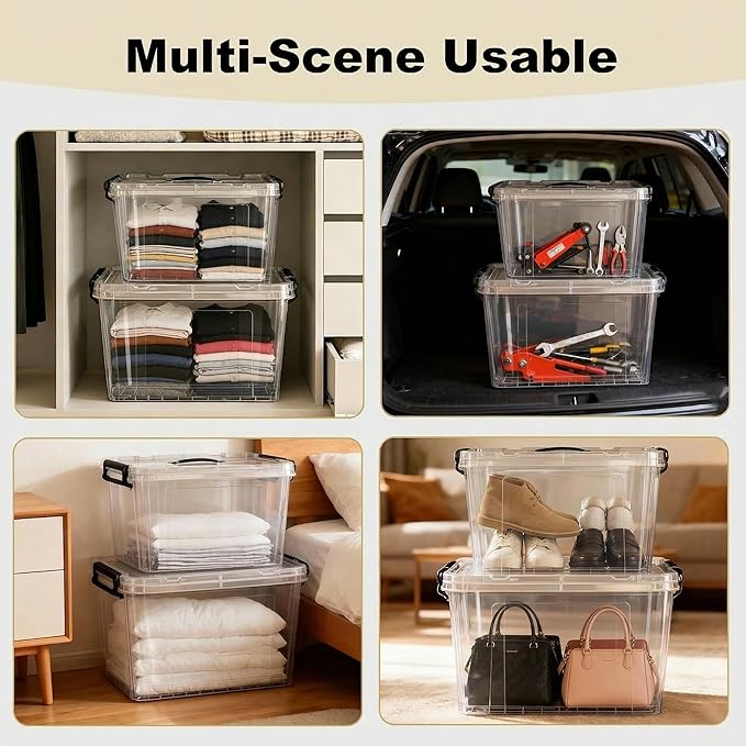 6 Pack Clear Storage Bins with Lids 288 QT (4 Pack-60 QT 1 Pack-28 QT 1 Pack-20 QT) Stackable Plastic Organizer for Home Office Garage BPA-Free Heavy-Duty with Secure Latches &amp Handles
