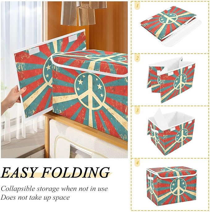 Storage Cube with Lid Retro Peace Sign Print 16.5×12.6×11.8 IN 1 Pack Collapsible Large Capacity Foldable Storage Basket Bin Organizer