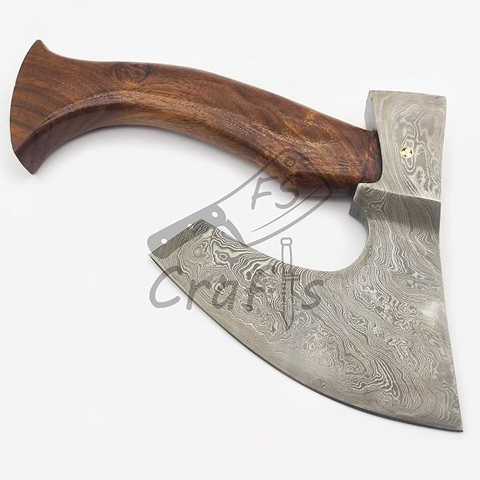AXE002 FS Crafts 9.00 Damascus Fist Axe (Palm-Sized) Custom And Hand Forged Damascus Hunting Viking Axe Beard Axe Hatchet Wood Handle With Leather Sheath Everyday Carry Hunting Viking Axe 47 Axe