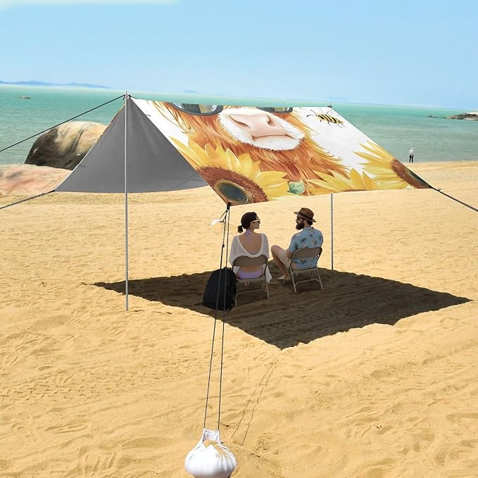 ALAZA Highland Cattle Sunflower Sunglasses Beach Tent Sun Shelter Portable Canopy Sunshade for Outdoor Camping Picnics Backyard Fun 10x9 ft