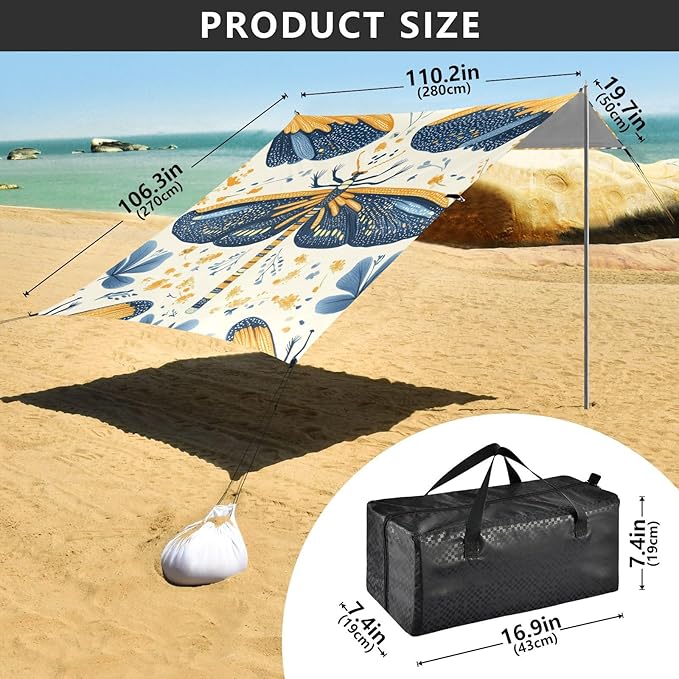 ALAZA Vintage Blue Orange Yellow Dragonflies Beach Tent Sun Shelter Portable Canopy Sunshade for Outdoor Camping Picnics Backyard Fun 10x9 ft