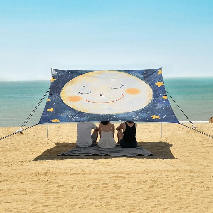 Cute Moon and Star Foldable Beach Canopy UPF50+ Easy Setup Large Portable Sun Shelter with Sand Shovel Sandbags for Camping Picnics Backyard