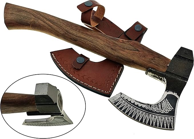 15 Inch long Bearded hiking Axe Carbon steel blade with laser etching Easy grip Rose wood round handle Leather sheath included