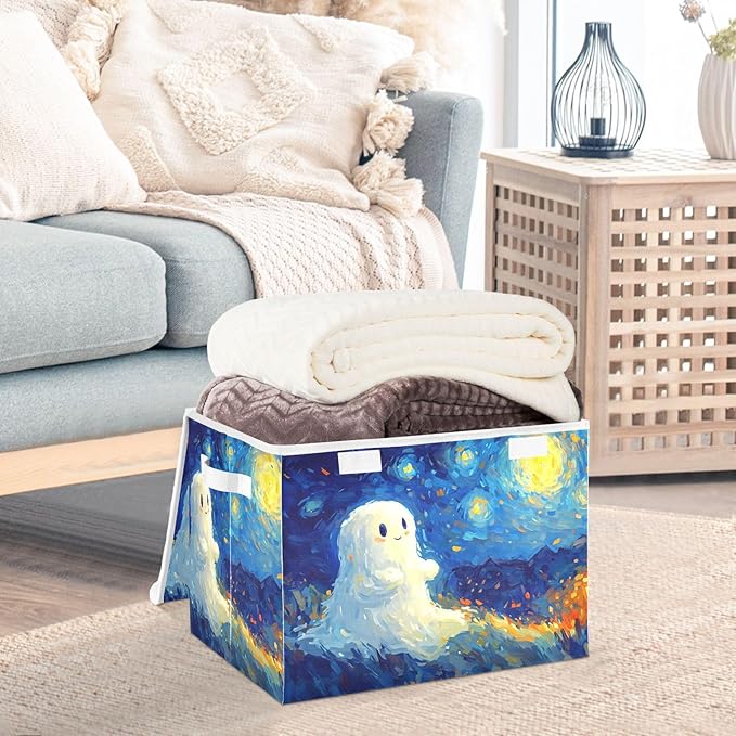AIXIWAWA Lidded Storage Cube (Painting Cute Halloween) Fabric Foldable Closet Bins with Flip Lid and Handles Organizer Basket Container 16.5 x 12.6 x 11.8 IN