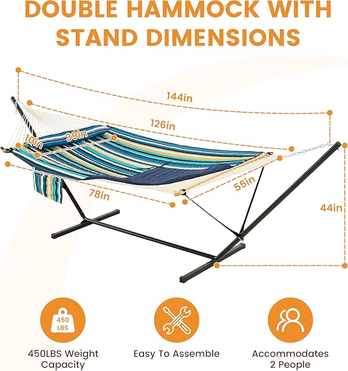 Lazy Daze Hammocks 2 Person Portable Hammock with 12FT Stand Double Hand Woven Cotton Rope Hammock with Detachable Quilted Pad &amp Pillow for Outside 450lb Capacity Beach Stripes