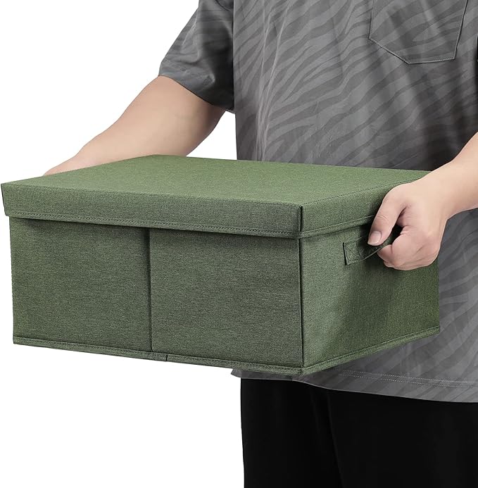 HOONEX Storage Bins with Lids for Organizing Pack of 2 Storage Boxes with 2 Carrying Handles and Sturdy Heavy Cardboard 16.5 L x 11.8 W x 7.5 H for Shoes Books Clothes Olive