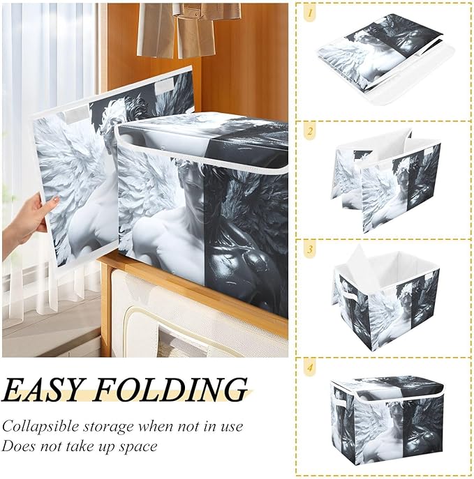 Black and White Angel Storage Cube Bins Basket with Lid Collapsible Flip-top Fabric with Handle for Home Bedroom Closet Office 16.5×12.6×11.8 in