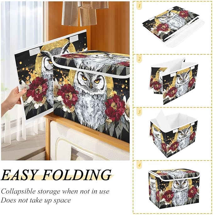 AIXIWAWA Lidded Storage Cube (Floral Owl) Fabric Foldable Closet Bins with Flip Lid and Handles Organizer Basket Container 16.5 x 12.6 x 11.8 IN