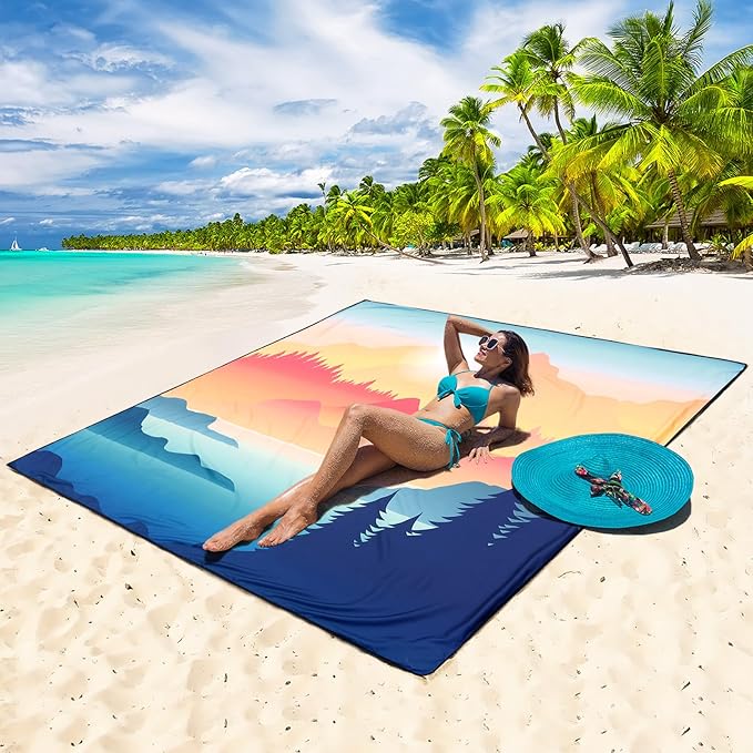 Beach Blanket Waterproof Sandproof Beach Mat 79 X 83/10'x9'for 2-8 Adults Quick Drying Outdoor Picnic Mat Beach Accessories for Travel Camping Hiking