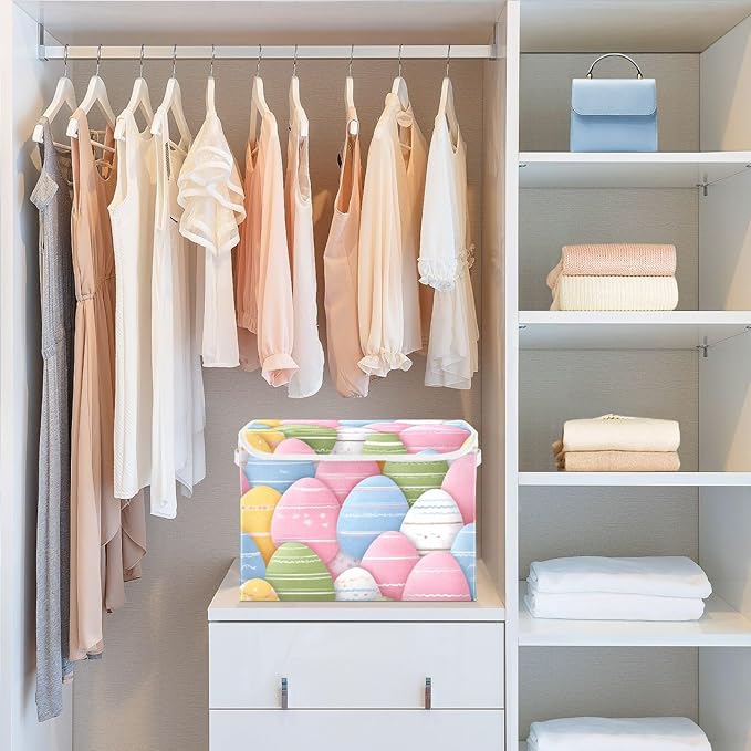 Cute Colorful Easter Eggs Storage Box with Lid 1 PC Foldable Storage Bin with Lids Stackable Storage Bins Cube Closet Organizer Basket with Flip-Top Lid &amp Handles for Shoes Books Towels