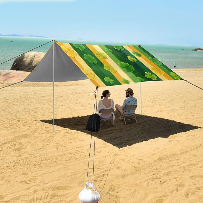 St Patrick's Striped Shamrocks Beach Tent Sun Shelter Set UPF50+ UV Protection 10.5 x 9.19 FT Camping Shade Canopy with Sandbags Sand Anchors Carrying Bag and Others