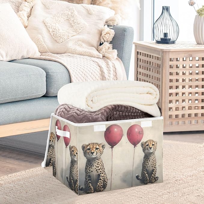 AIXIWAWA Lidded Storage Cube (Cute Cheetah) Fabric Foldable Closet Bins with Flip Lid and Handles Organizer Basket Container 16.5 x 12.6 x 11.8 IN